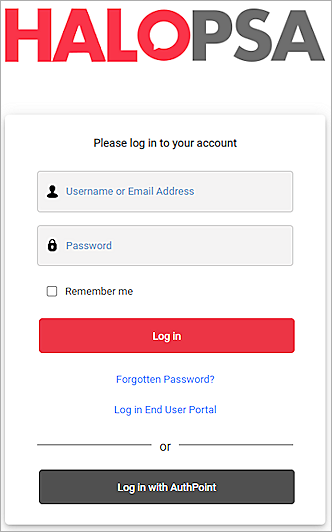 Screenshot of the HaloPSA login page